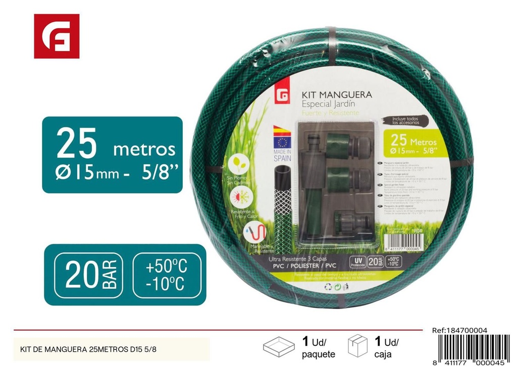 Kit de manguera 25 metros D15 5/8 para jardín