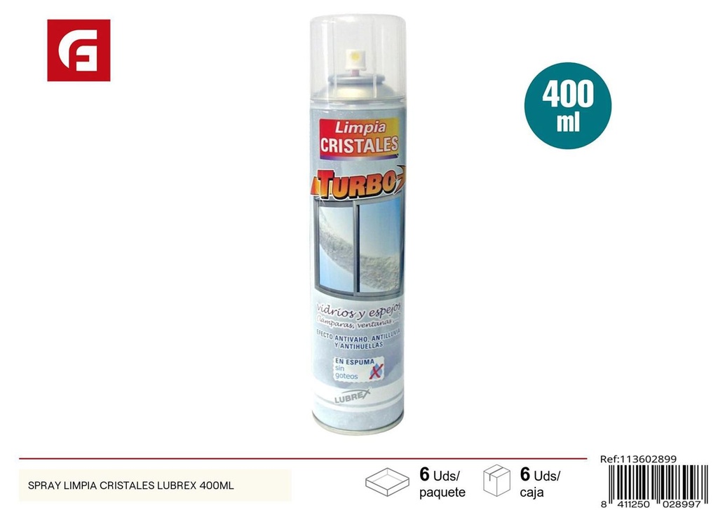 Limpiador de cristales en spray Lubrex 400ml para limpieza