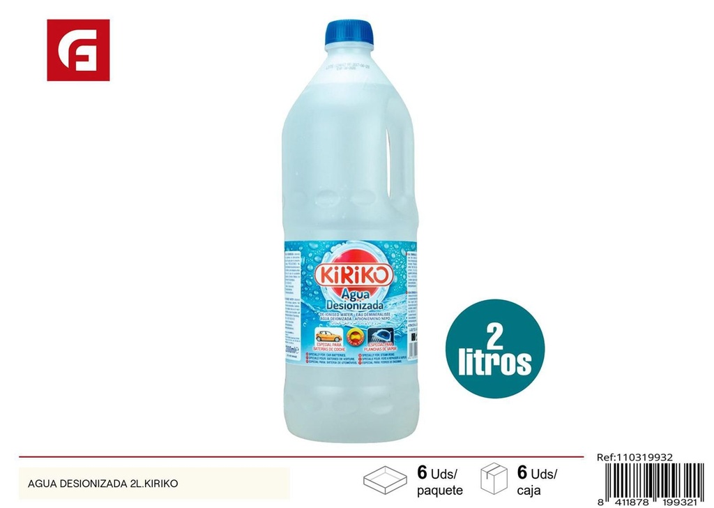 Agua desionizada 2L Kiriko para limpieza