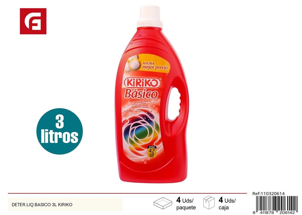 Detergente líquido básico 3L Kiriko para limpieza de ropa