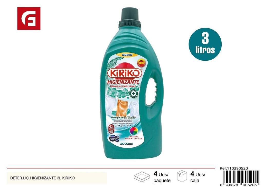 Detergente líquido higienizante 3L Kiriko para ropa