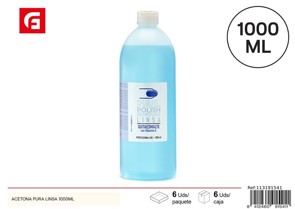 Acetona pura Linsa 1000ml para eliminar esmalte de uñas