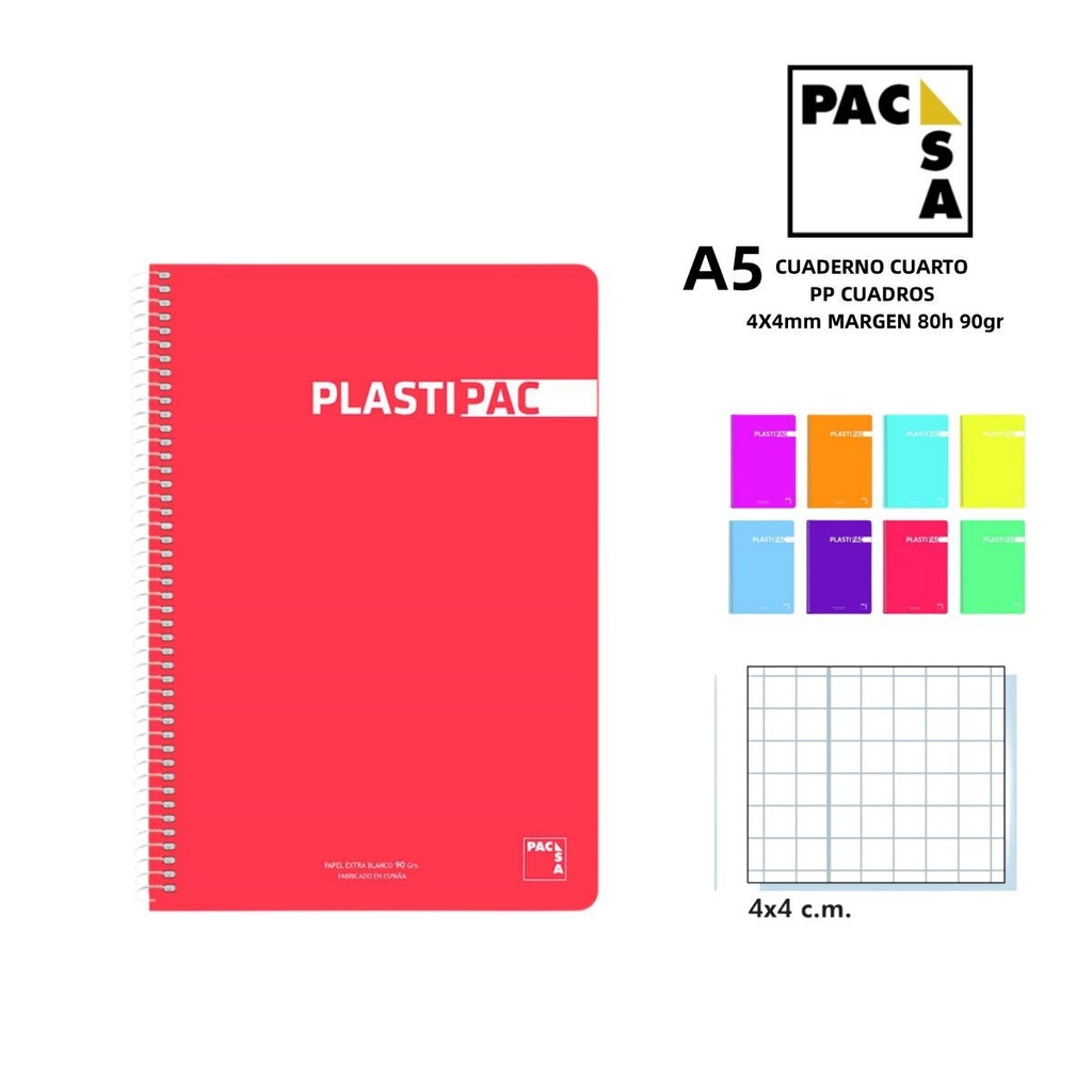 Cuaderno cuarto 80 hojas 90gr cuadros 4x4 mm con cubierta plástica A5