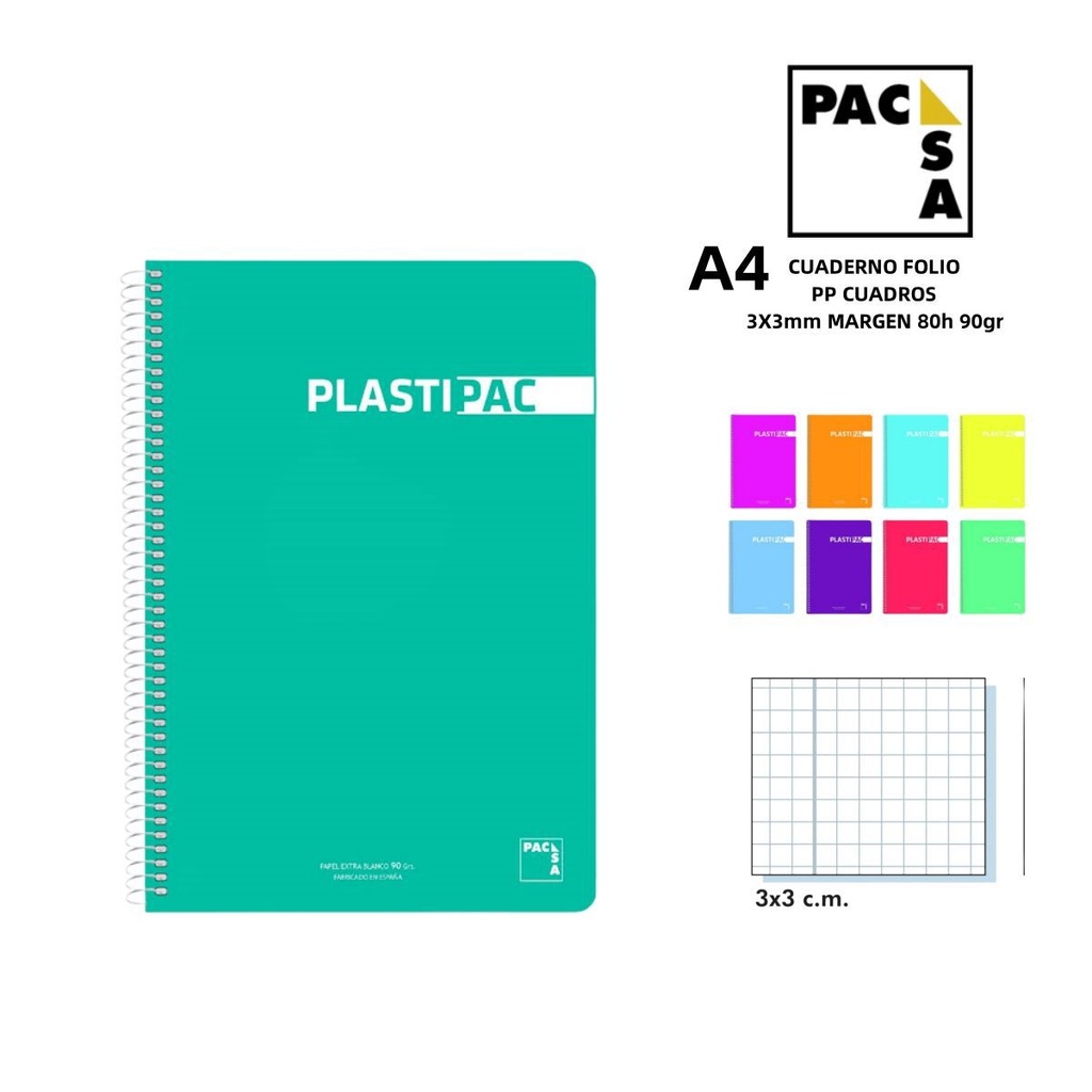 Cuaderno folio 90gr 80h cuadros 3x3mm PP para apuntes y notas