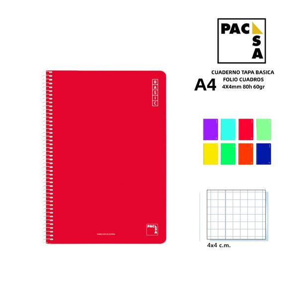 Cuaderno folio 60gr 80h cuadros 4x4 tapa básica A4 para oficina y escuela