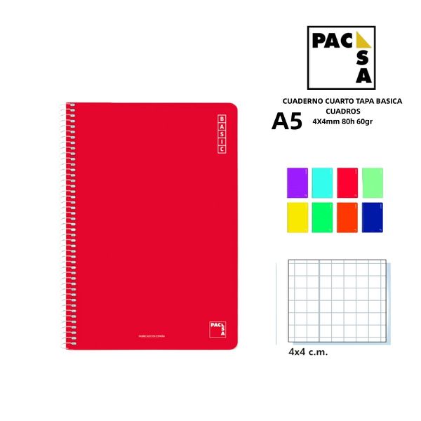 Cuaderno cuarto 60gr 80h cuadros 4x4 tapa básica A5