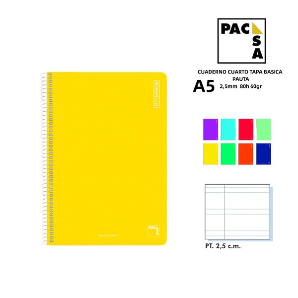 Cuaderno cuarto 80 hojas 60gr pauta 2.5mm tapa básica A5