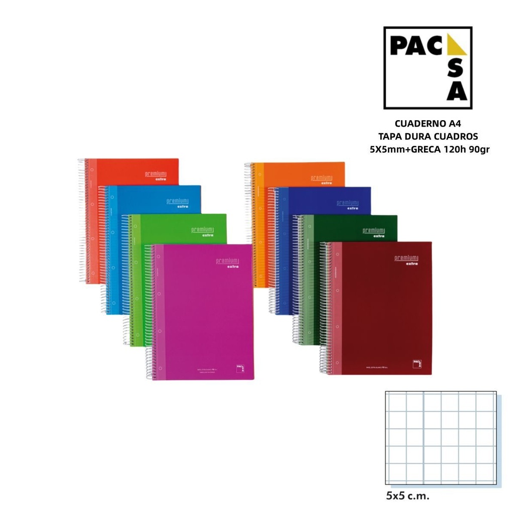 Cuaderno A4 120h 90g cuadros 5x5mm tapa dura para estudiantes