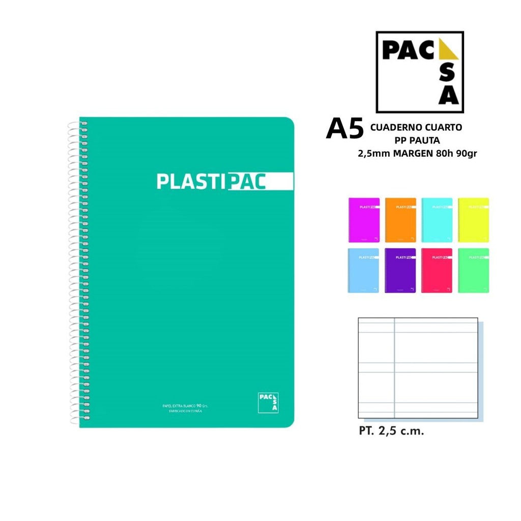 Cuaderno cuarto 80h 90gr pauta 2.5mm PP para notas