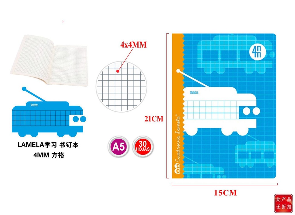 Libreta Lamela 4 30 hojas cuadrovía 4mm para notas
