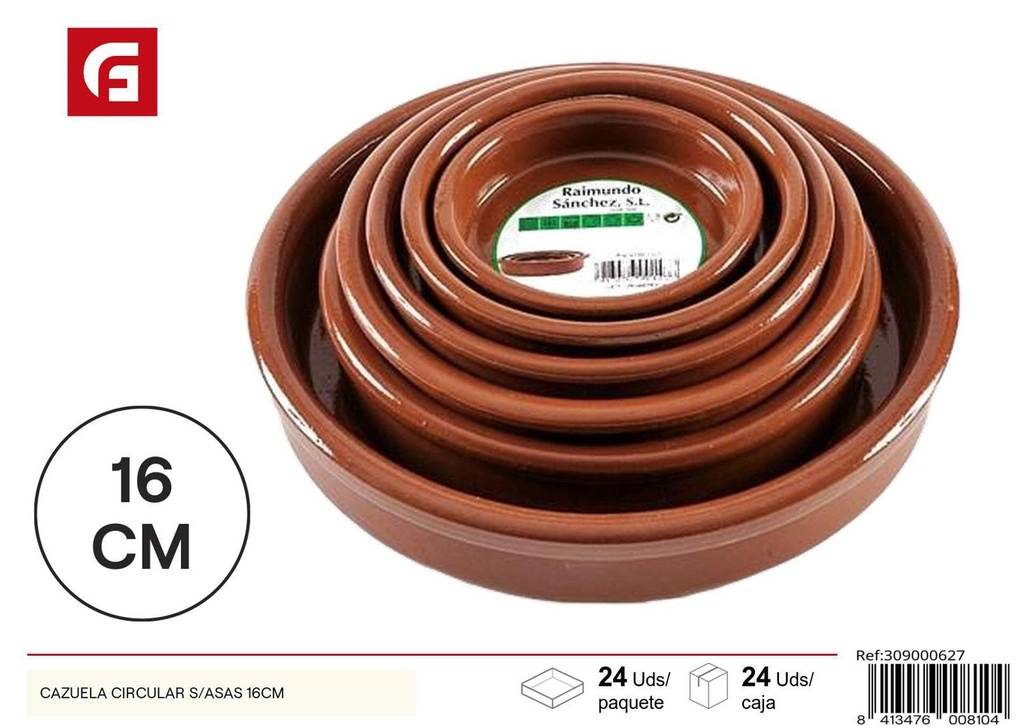 Cazuela circular sin asas 16cm de cerámica para cocina