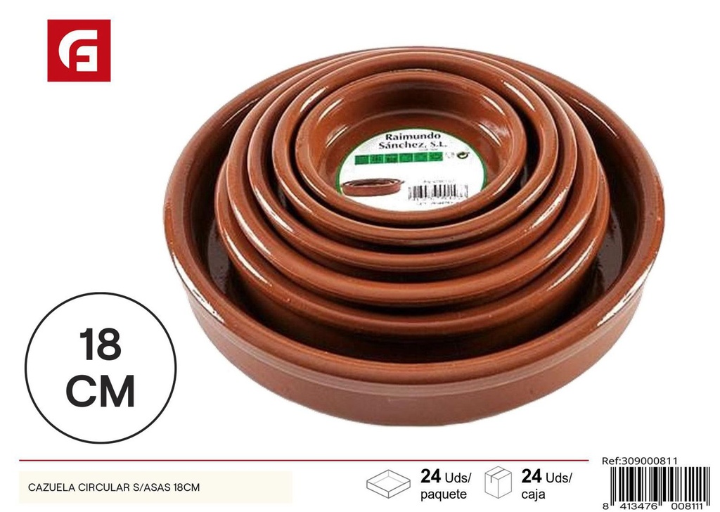 Cazuela circular sin asas 18cm para cocina