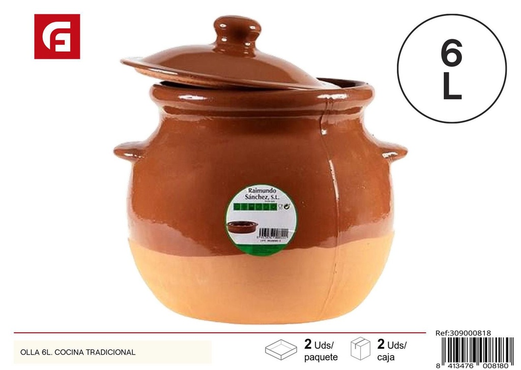 Olla de barro 6L para cocina tradicional