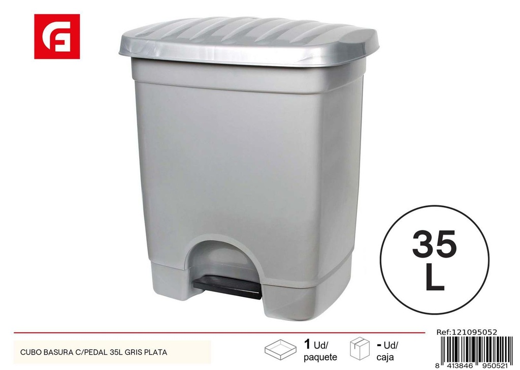Cubo de basura de 35L gris plata con pedal - Plásticos para el hogar