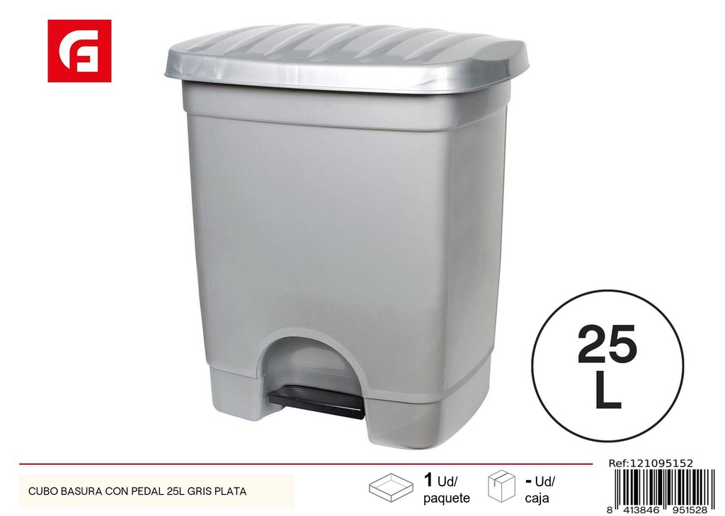 Cubo de basura gris plata con pedal 25L - Recipientes de plástico para el hogar