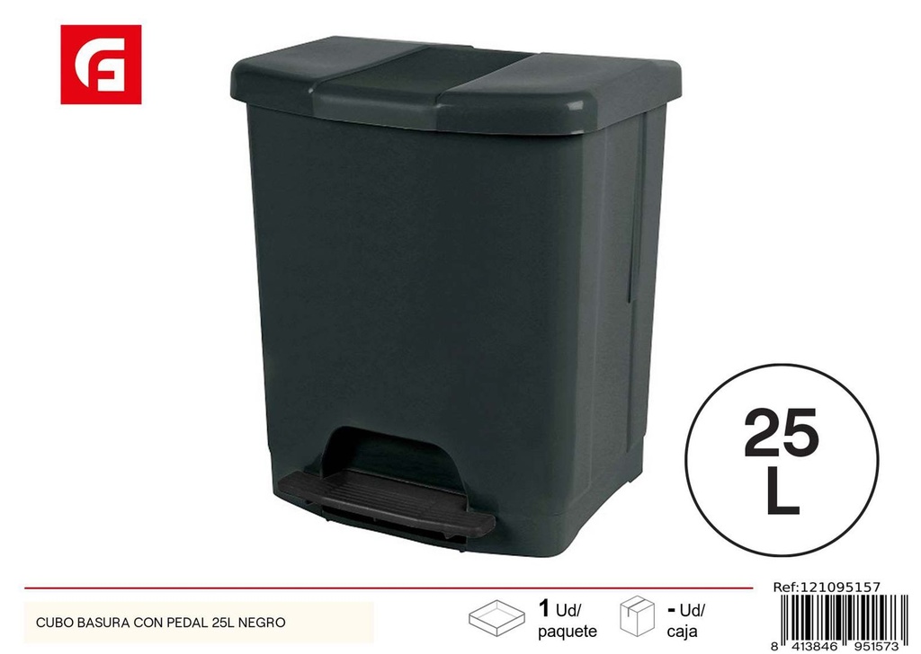Cubo de basura negro con pedal 25L - Recipientes de plástico para el hogar