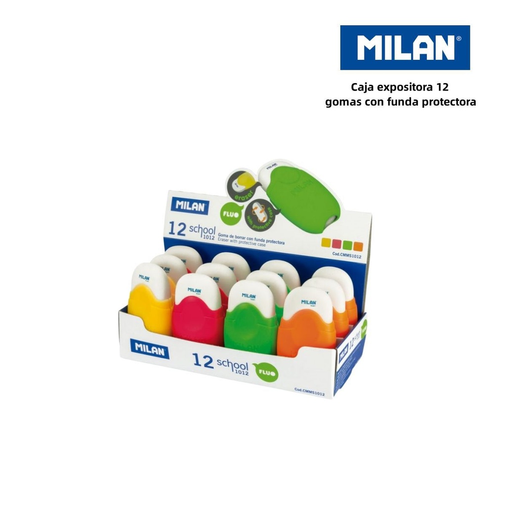 Caja expositora con 12 gomas de borrar Milan con funda protectora para oficina y papelería