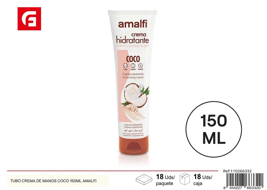 Crema de manos de coco 150ml Amalfi para hidratación