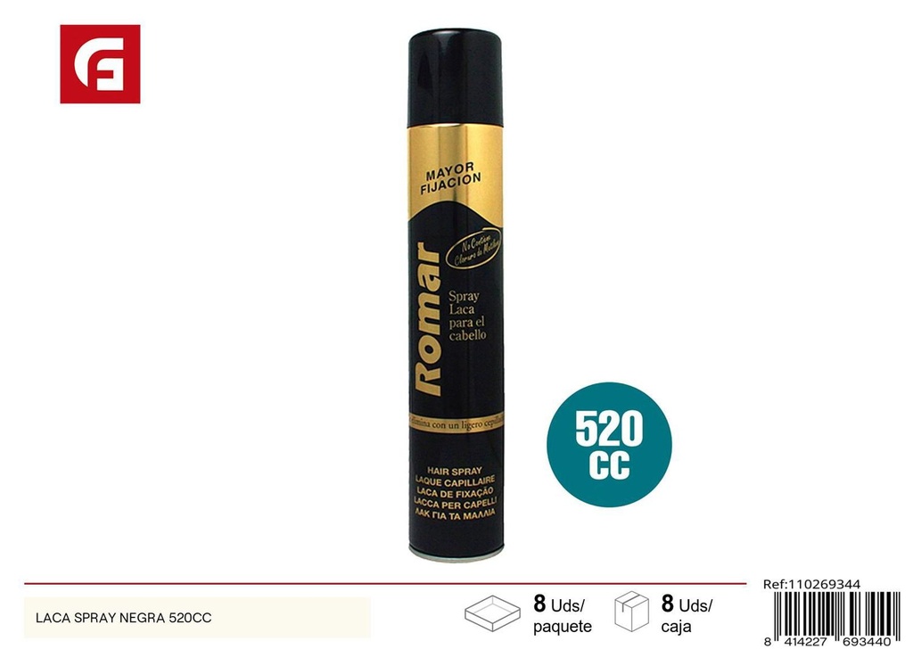 Laca spray negra 520cc para fijación de cabello