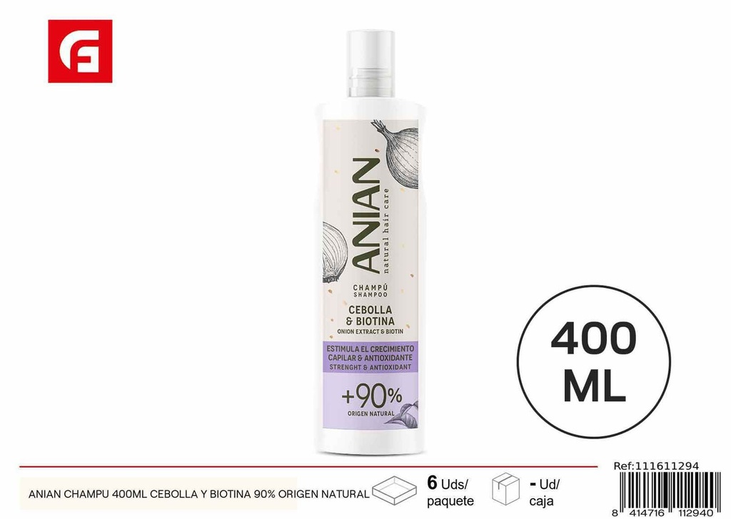 Champú Anian 400ml con cebolla y biotina 90% origen natural