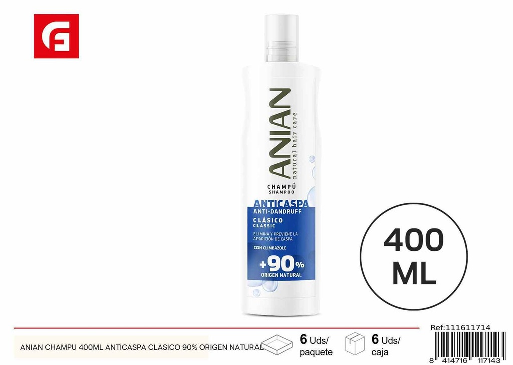 Champú anticaspa Anian 400ml 90% origen natural cuidado personal