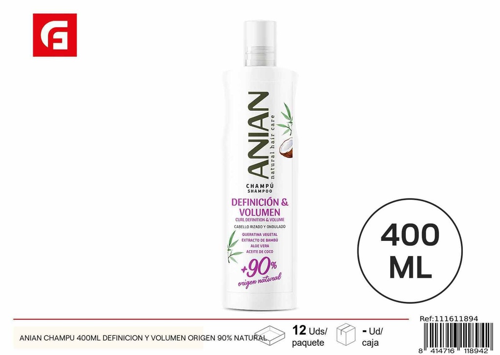 Champú Anian 400ml definición y volumen origen 90% natural para cuidado del cabello