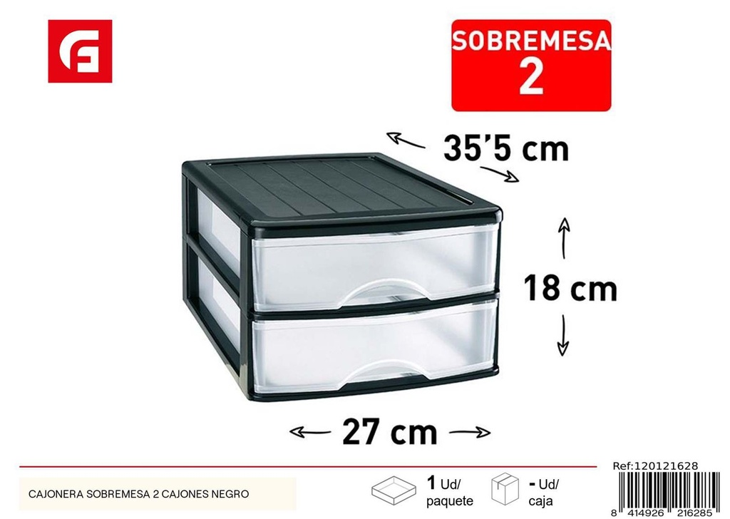 Cajonera de sobremesa plástica 2 cajones negro para organización