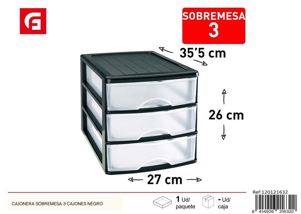 Cajonera sobremesa 3 cajones negro para organización