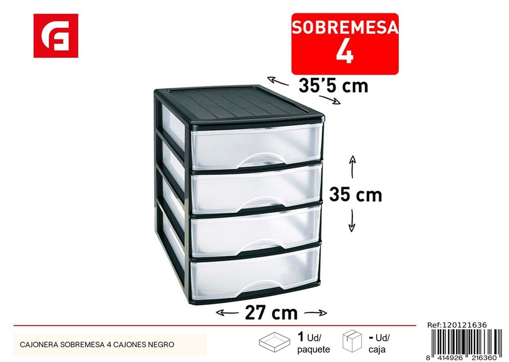 Cajonera sobremesa 4 cajones negro para organización