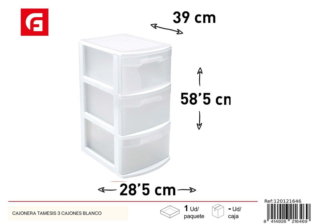 Cajonera Tamesis 3 cajones blanca 58.5*28.5*39 cm - Organización del hogar