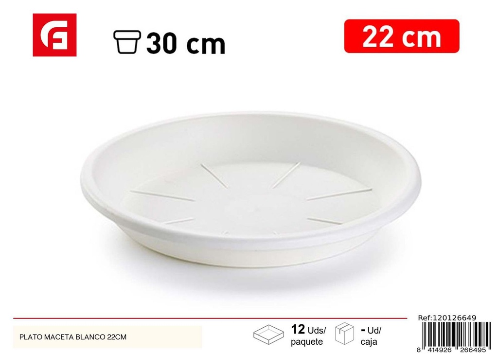 Plato maceta blanco 22cm para jardinería