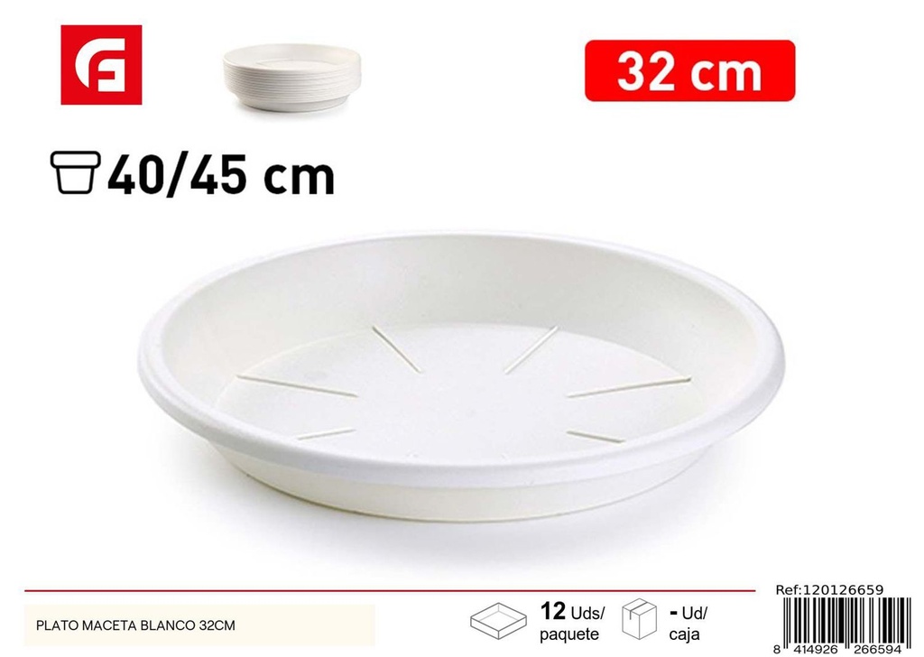 Plato maceta blanco 32cm para jardín