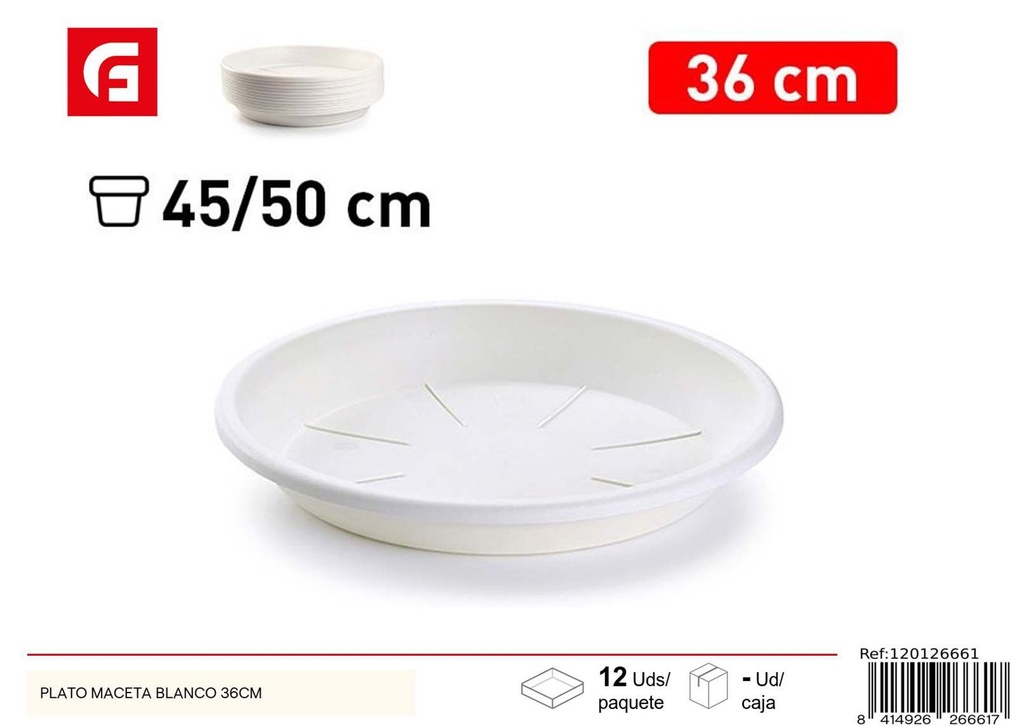 Plato blanco para maceta 36cm para jardinería