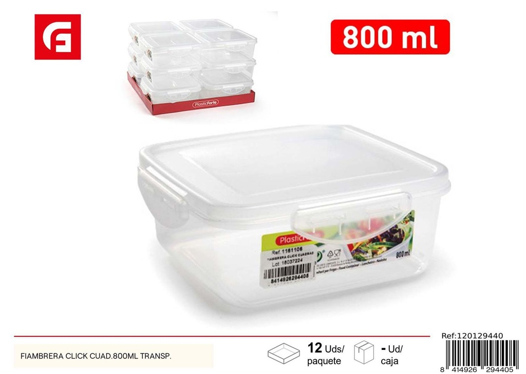 Fiambrera Click Cuadrada 800ml Transparente - Contenedor para alimentos