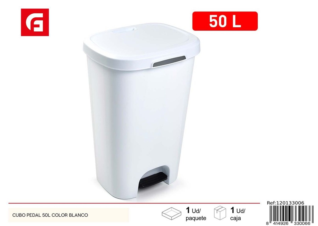 Cubo de pedal blanco 50L para limpieza del hogar