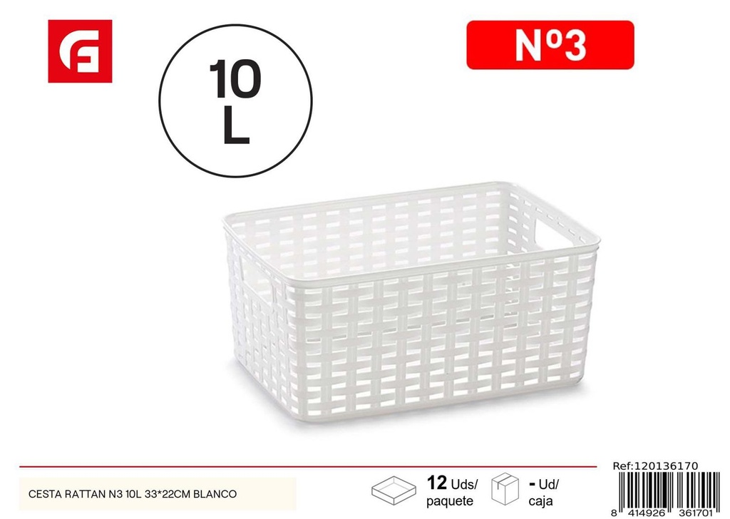 Cesta rattan N3 10L 33x22cm blanca para organización