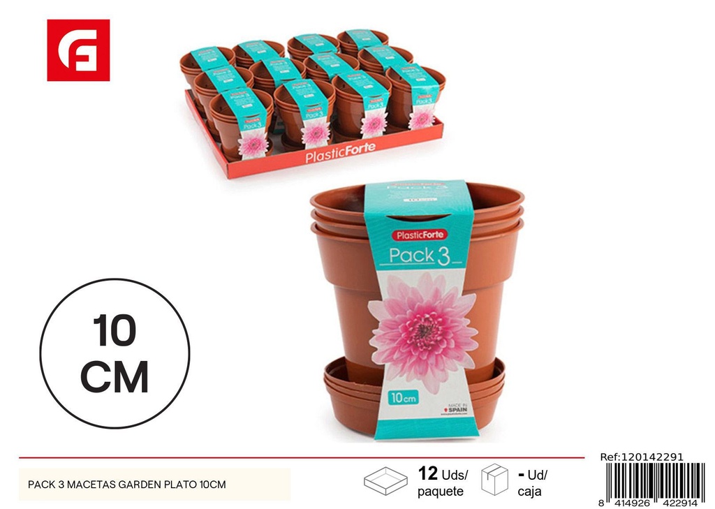 Pack de 3 macetas de plástico con plato 10cm - Jardinería
