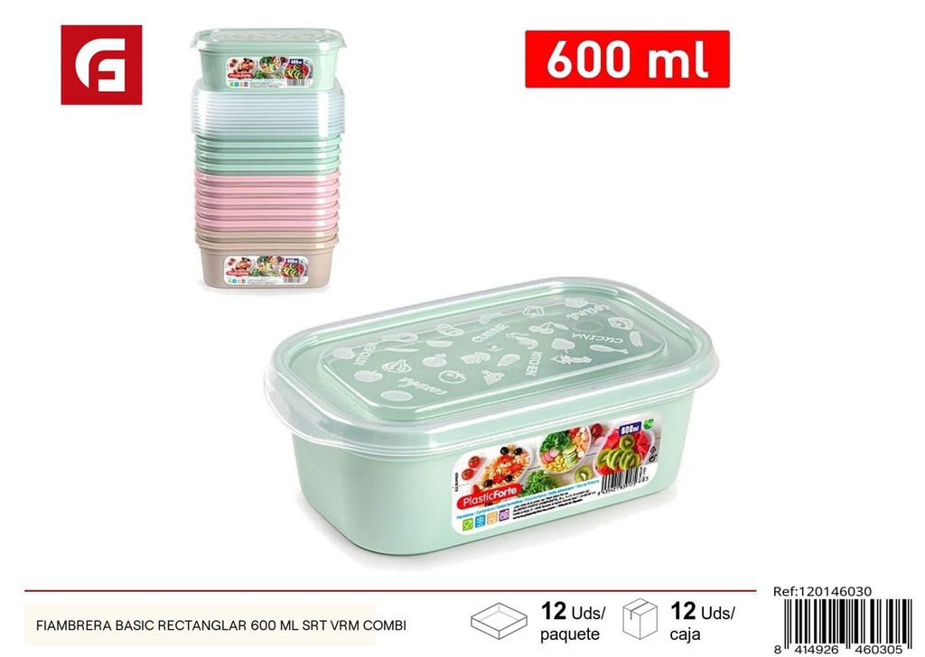 Fiambrera rectangular básica 600ml surtida para alimentos