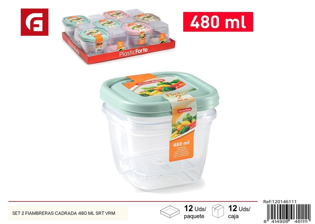 Set de 2 fiambreras cuadradas 480ml surtidas para alimentos