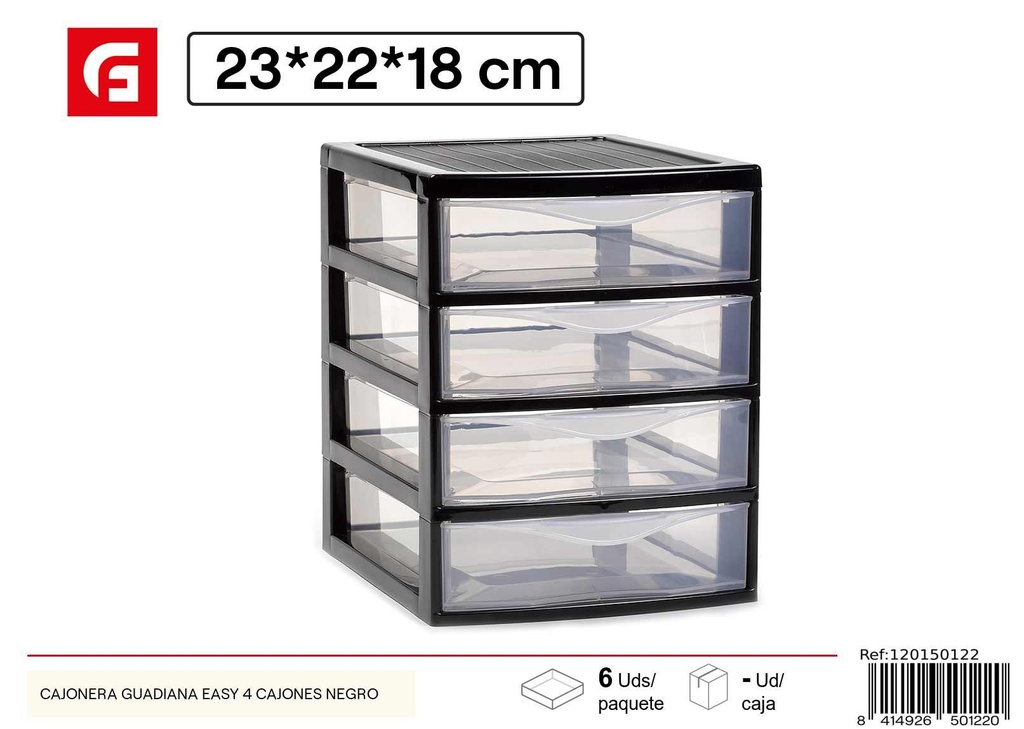 Cajonera de plástico Guadián con 4 cajones negros - Organización y almacenamiento