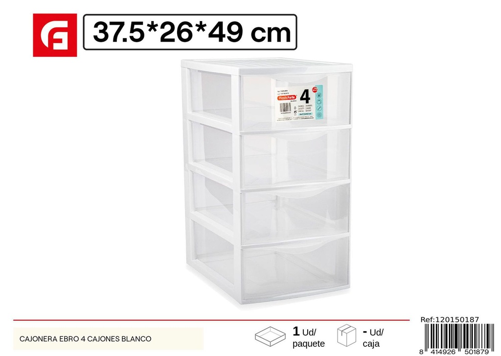 Cajonera Ebro 4 cajones blanca 37.5*26*49cm - Muebles de plástico para el hogar
