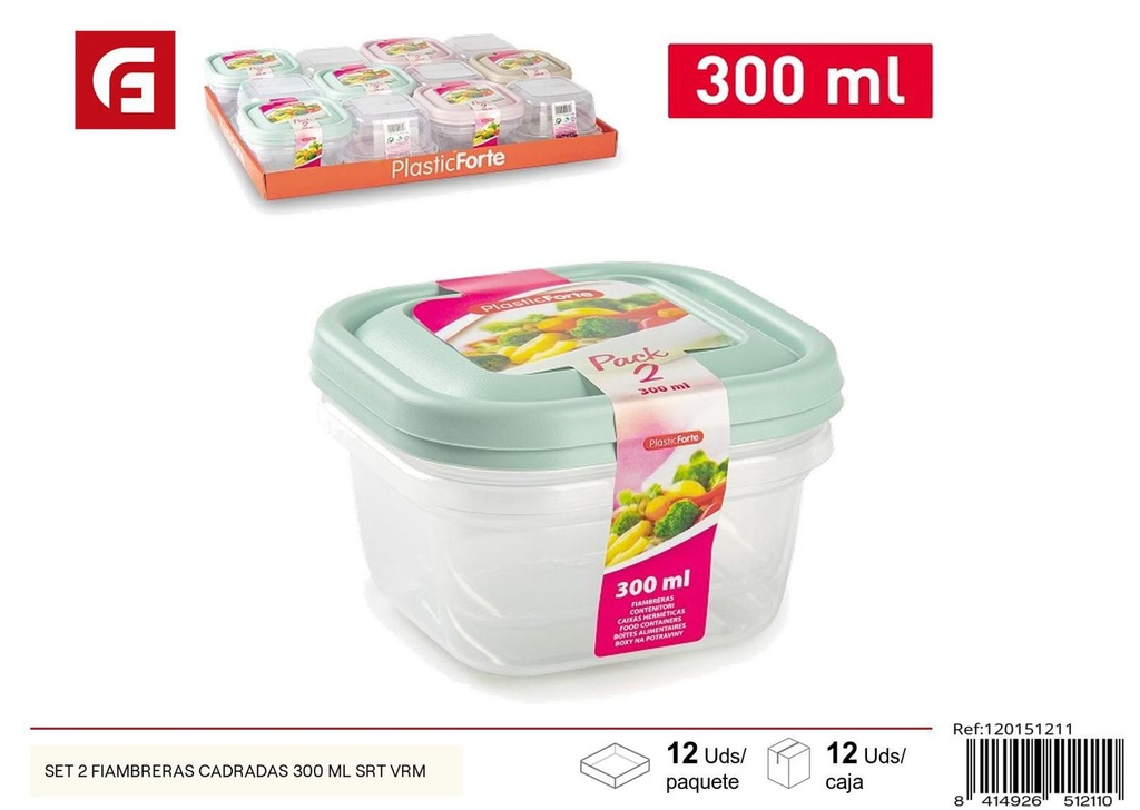 Set de 2 fiambreras cuadradas 300ml con tapa verde