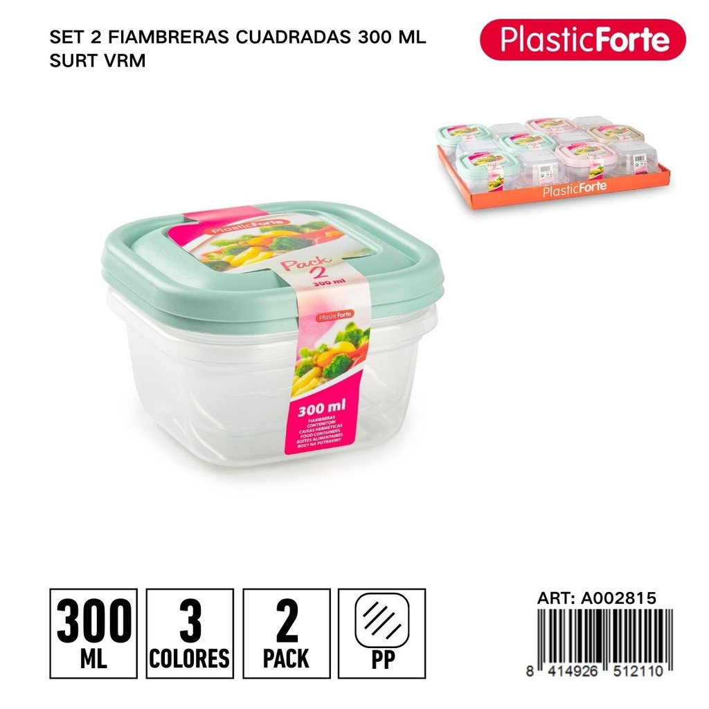 Set de 2 fiambreras cuadradas 300ml con tapa verde