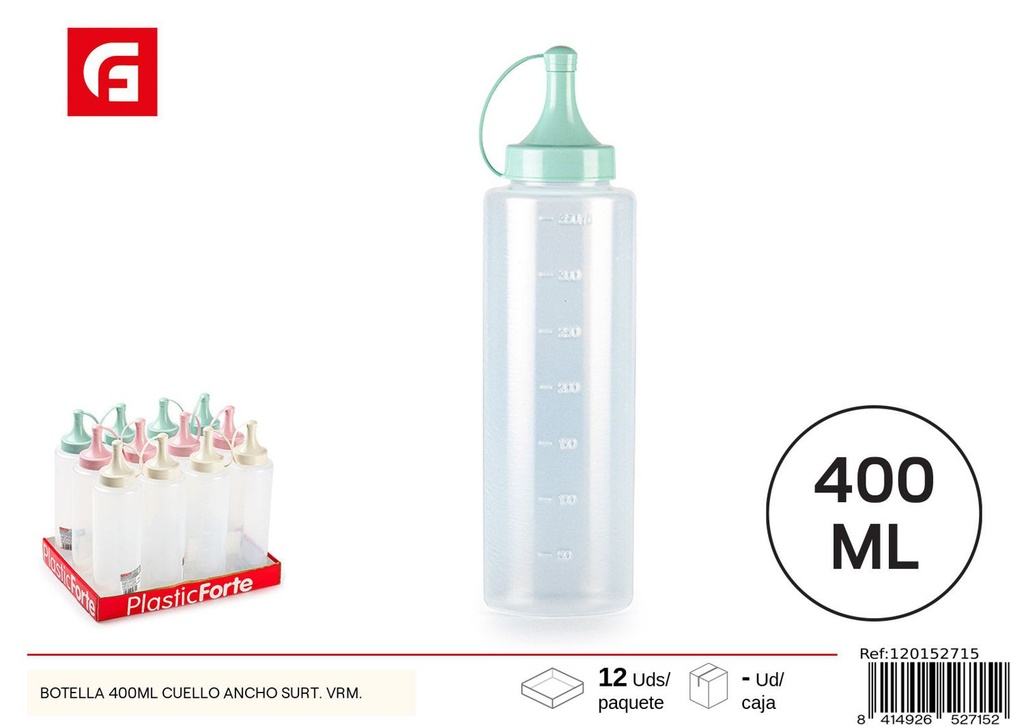 Botella de condimentos 400ml cuello ancho surtido para cocina