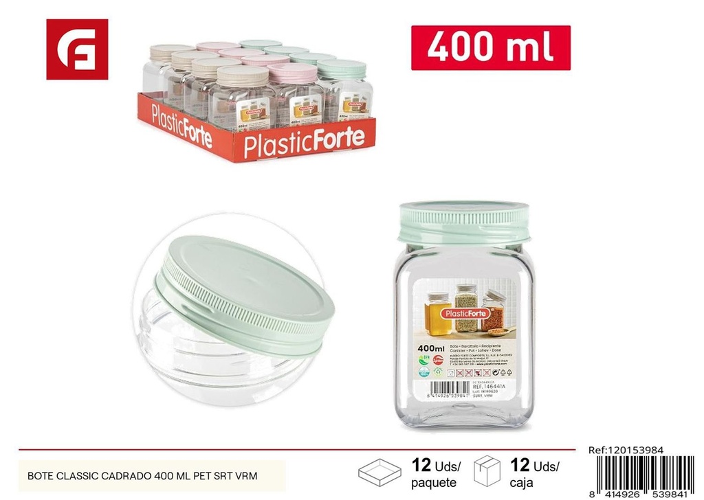 Bote de plástico cuadrado 400 ml PET para almacenamiento de alimentos