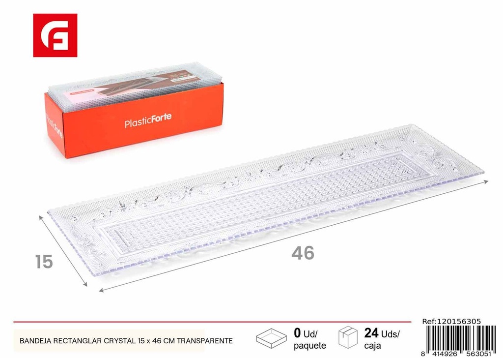 Bandeja rectangular Crystal 15 x 46 cm transparente para cocina