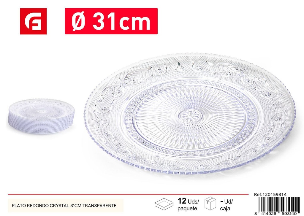 Plato redondo de cristal 31cm transparente para cocina