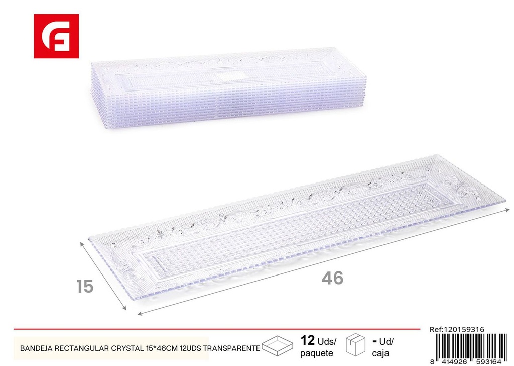 Bandeja rectangular crystal 15x46cm transparente para cocina