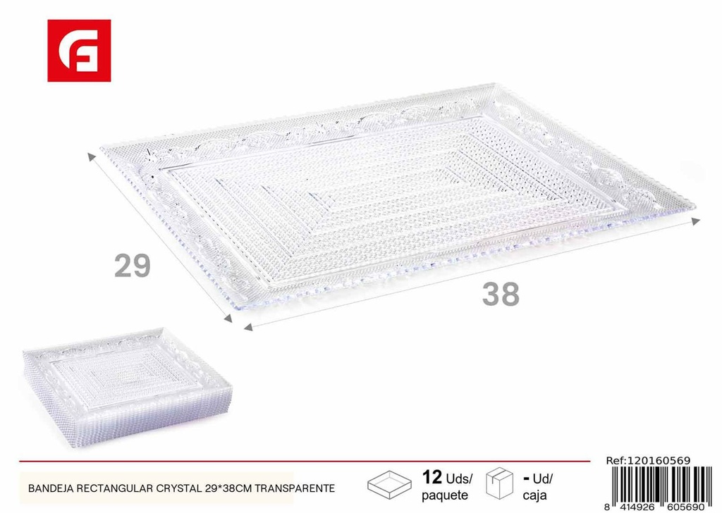 Bandeja rectangular cristal 29*38 cm transparente - Bandeja de vidrio para servir
