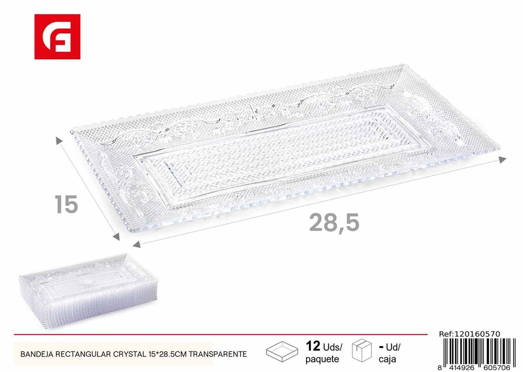 Bandeja rectangular cristal 15*28.5cm transparente para servir